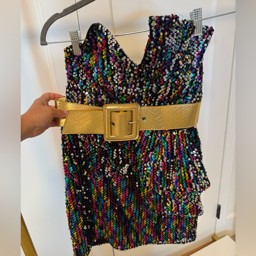 Multicolor Sequin Dress with Gold Belt